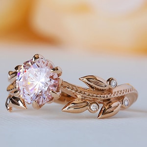 Boho Engagement Ring, Morganite 14K Ring, Unique Morganite Ring, Rose Gold Diamond Engagement Ring, Leaf Engagement Ring, Nature Inspired