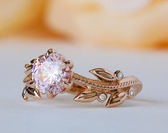 Boho Engagement Ring, Morganite 14K Ring, Unique Morganite Ring, Rose Gold Diamond Engagement Ring, Leaf Engagement Ring, Nature Inspired