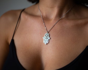 Hand Diamond Necklace, Hamsa Necklace, Solid Gold Lucky Charm Pendant, Evil Eye Necklace, Protection Diamond Necklace, Hand of God, 14K
