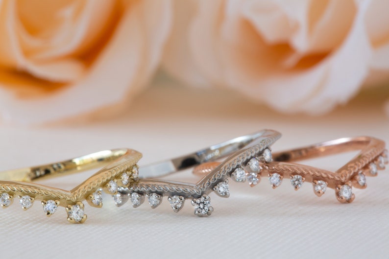 Antique Wedding Band, Milgrain Wedding Ring, Curved Wedding Ring, V Diamond Ring, 18K Diamond Band, Nesting Wedding Ring, Stacking Ring image 3