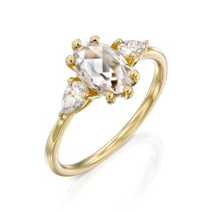 Verlobungsring im ovalen Rosenschliff, Dreistein-Diamantring, Moissanit-Ring im Ovalschliff, Viktorianischer Versprechensring, Jugendstil-Brautring, 14 Karat, 18 Karat