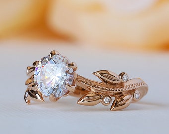 Antique Engagement Ring Rose Gold, Edwardian Engagement Ring, Victorian Engagement Ring, Floral Moissanite Ring, 14K, 18K, Vine Flower Ring
