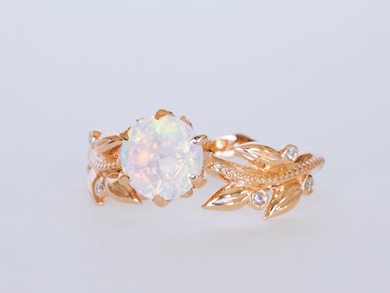 Unique Engagement Ring, Welo Opal Ring, Opal Promise Ring, Floral Opal Ring, solid gold opal ring, Leaves 14K / 18K Ring, Vintage Opal Ring image 5