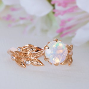 Unique Engagement Ring, Welo Opal Ring, Opal Promise Ring, Floral Opal Ring, solid gold opal ring, Leaves 14K / 18K Ring, Vintage Opal Ring image 7