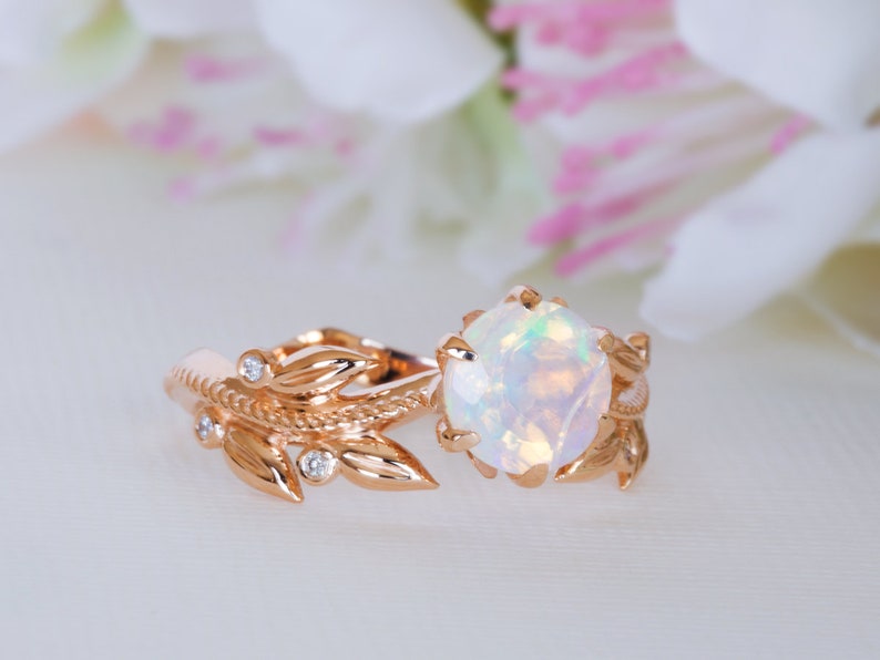 Unique Engagement Ring, Welo Opal Ring, Opal Promise Ring, Floral Opal Ring, solid gold opal ring, Leaves 14K / 18K Ring, Vintage Opal Ring image 7