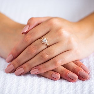 Unique Moissanite Engagement Ring, Boho Wedding Ring, Rose Gold Diamond Bridal Ring, Celestial Wedding, Alternative Star Ring, Crescent Moon image 5