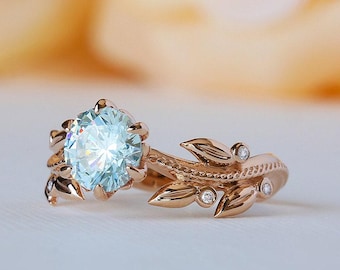 Anillo de compromiso azul, anillo de compromiso con gema azul, anillo de aguamarina en oro rosa, anillo floral de 14 quilates, 18 quilates, flor de inspiración vintage, anillo de bosque