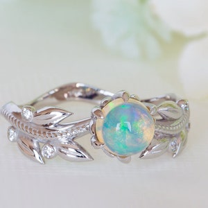 Opal Engagement Ring, Opal Wedding Ring, Opal Diamond Ring, Opal Floral Ring, Bohemian Engagement Ring, Cabochon Opal, Leaf Band, 18K, 14K