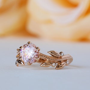 Pink Engagement Ring, Rose Gold Morganite Ring, Edwardian Engagement Ring, Diamond Leaf Ring, 14K Morganite Ring, Nature Inspired 18K Ring image 2