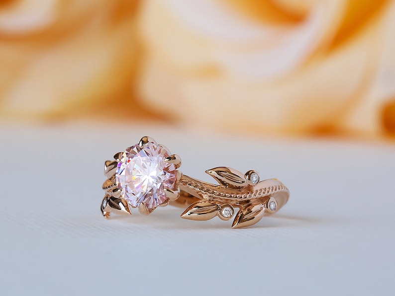 Pink Engagement Ring, Rose Gold Morganite Ring, Edwardian Engagement Ring, Diamond Leaf Ring, 14K Morganite Ring, Nature Inspired 18K Ring image 2