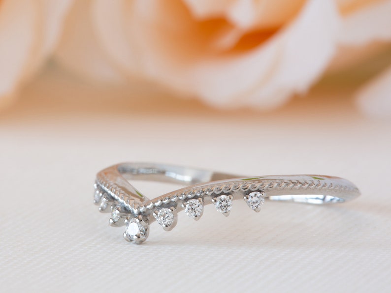 Antique Wedding Band, Milgrain Wedding Ring, Curved Wedding Ring, V Diamond Ring, 18K Diamond Band, Nesting Wedding Ring, Stacking Ring image 4