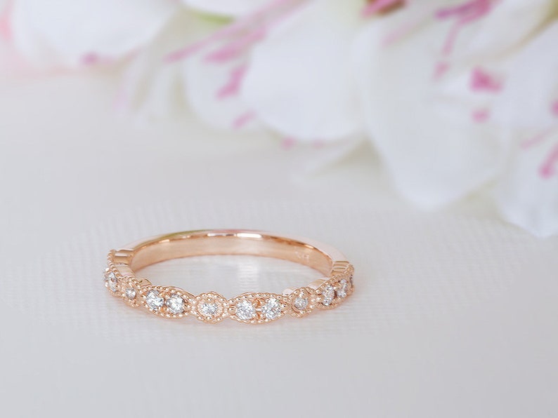 Art Deco Wedding Band Rose Gold, Dainty Diamond Ring, Delicate Diamond Ring, Vintage Inspired Wedding, 14K, 18K, Yellow Gold, White Gold image 2