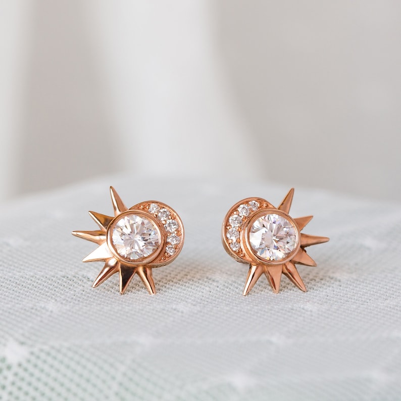 14K Diamond Earrings, Moissanite Gold Earrings, Wedding Diamond Earrings, Moon Studs, Celestial Wedding, Unique Diamond Earrings image 9