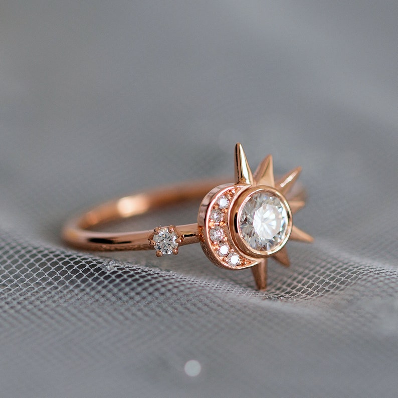 Unique Moissanite Engagement Ring, Boho Wedding Ring, Rose Gold Diamond Bridal Ring, Celestial Wedding, Alternative Star Ring, Crescent Moon image 7