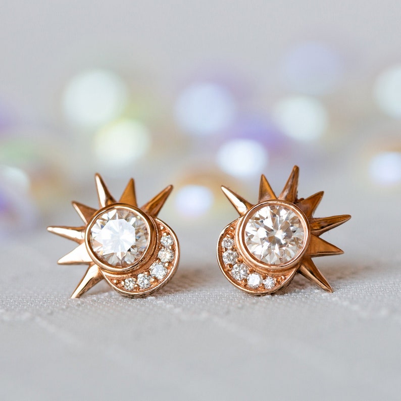 14K Diamond Earrings, Moissanite Gold Earrings, Wedding Diamond Earrings, Moon Studs, Celestial Wedding, Unique Diamond Earrings image 2