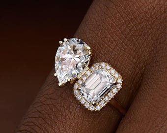 Anillo de compromiso con dos piedras, anillo de diamantes con dos piedras, anillo de moissanita con corte de pera, anillo nupcial con corte esmeralda, anillo Toi Et Moi, halo de diamantes