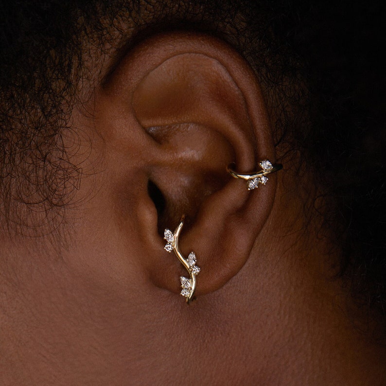 Non Pierced Earring, Bridal Ear Cuff, Dainty Ear Cuff, diamond wrap earrings, Cartilage Diamond Earrings, 14K Ear Cuff, Diamond Ear Cuff image 5