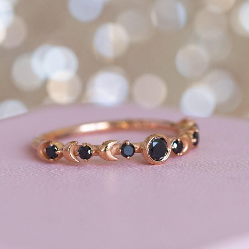 Black Diamond Ring, Black Wedding Ring, Alternative Wedding Band, Celestial Engagement Ring, Gold Moon Ring, 14K Crescent Moon, 18K image 9