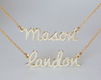 Kids Name Necklace, Diamond Name Necklace, 14K Personalized Name Necklace, Layered Script Necklace, Solid Gold Double Name Necklace, Custom