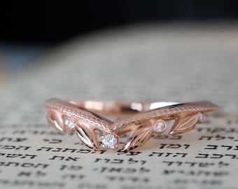 Anillo de boda con hojas, anillo de boda con hojas, alianza de oro con hojas, alianza de boda de oro con hojas, alianza de boda floral, alianza de boda curva con diamantes, 18K, 14K