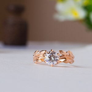 Unique Engagement Ring Rose Gold, Victorian Engagement Ring, Diamond Leaves Moissanite Ring, Floral Ring, 14K, 18K, Vintage Inspired Flower image 3