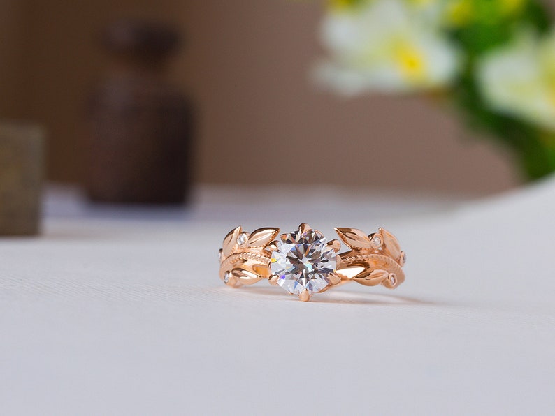 Unique Engagement Ring Rose Gold, Victorian Engagement Ring, Diamond Leaves Moissanite Ring, Floral Ring, 14K, 18K, Vintage Inspired Flower image 3