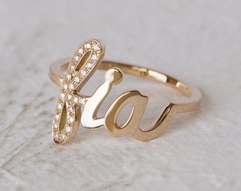 Solid Gold Name, 14K Name Ring, 18K Name, Push Gift Jewelry, Push Present Jewelry, Personalized Diamond Name Ring, Custom Name Ring