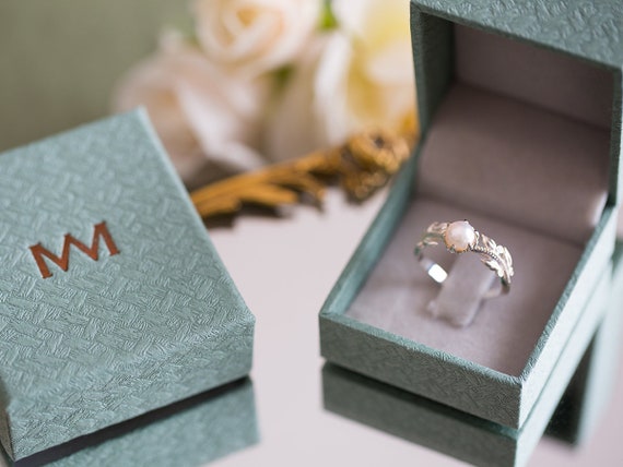 Leaves Engagement Ring, Pearl Engagement Ring, Pearl Wedding Ring