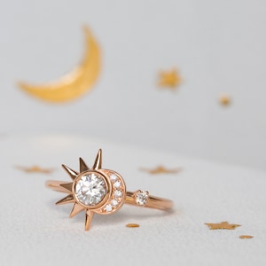 Unique Moissanite Engagement Ring, Boho Wedding Ring, Rose Gold Diamond Bridal Ring, Celestial Wedding, Alternative Star Ring, Crescent Moon image 4