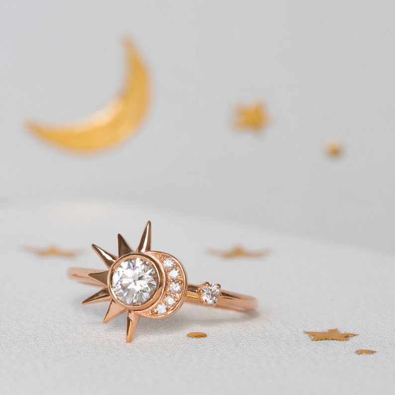 Unique Moissanite Engagement Ring, Boho Wedding Ring, Rose Gold Diamond Bridal Ring, Celestial Wedding, Alternative Star Ring, Crescent Moon image 4