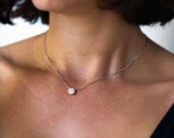 Minimalist Diamond Pendant, solitaire diamond necklace, Round diamond Solid Gold 14K Pendant, Moissanite Necklace, Anniversary Gift
