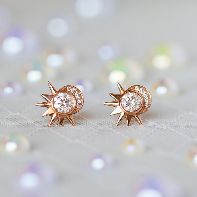 14K Diamond Earrings, Moissanite Gold Earrings, Wedding Diamond Earrings, Moon Studs, Celestial Wedding, Unique Diamond Earrings image 5