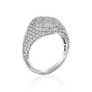 pinky signet ring made of solid 14k white gold set with lab grown diamonds on a white background
