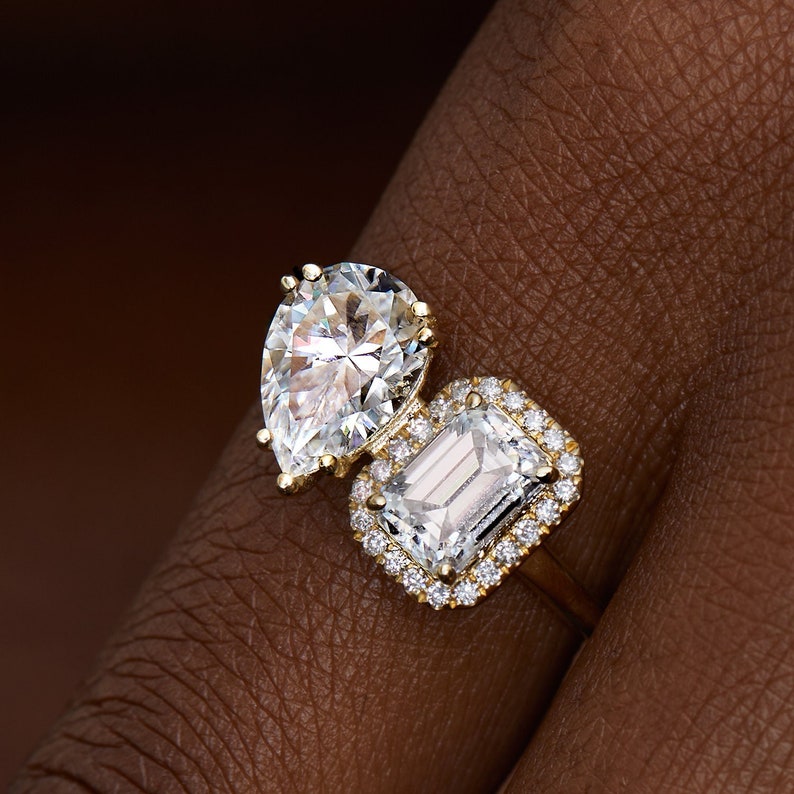 Double Stone Engagement Ring, Two Stone Diamond Ring, Pear Cut Moissanite Ring, Emerald Cut Bridal Ring, Toi Et Moi Ring, Diamond Halo image 1