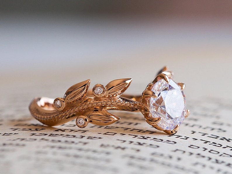 Unique Engagement Ring Rose Gold, Victorian Engagement Ring, Diamond Leaves Moissanite Ring, Floral Ring, 14K, 18K, Vintage Inspired Flower image 1