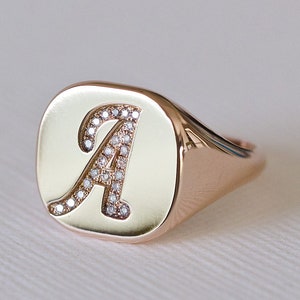 Anillo de sello de 14K, Anillo de sello meñique, Anillo de sello de diamantes, Anillo inicial de diamante, Anillo de sello de oro sólido, Anillo de diamantes personalizado, 18K