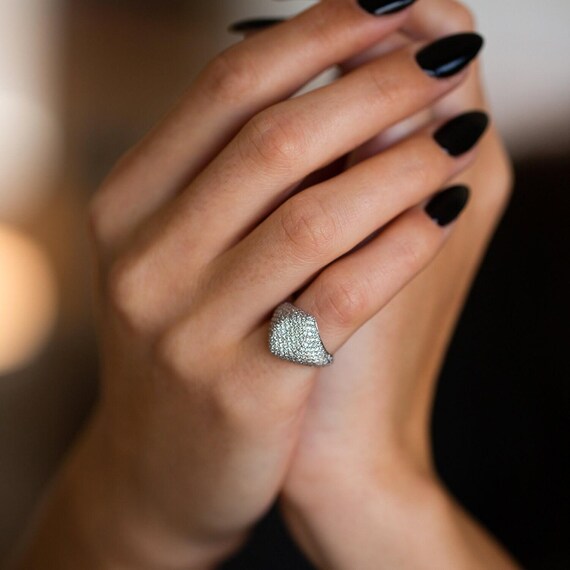 Pave Diamond Ring, Statement Signet Ring, Pinky Signet Ring, Diamond Signet Ring, Diamond Pinky Ring Women, Solid Gold Signet Ring, 14K, 18K