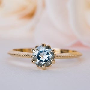 Blue Engagement Ring, Antique Engagement Ring, Aquamarine Engagement Ring, Yellow Gold, Vintage Inspired, Art Nouveau 18K, 14K Gemstone Ring image 5