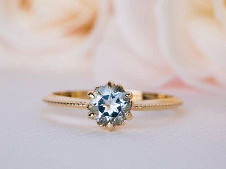 Blue Engagement Ring, Antique Engagement Ring, Aquamarine Engagement Ring, Yellow Gold, Vintage Inspired, Art Nouveau 18K, 14K Gemstone Ring image 5