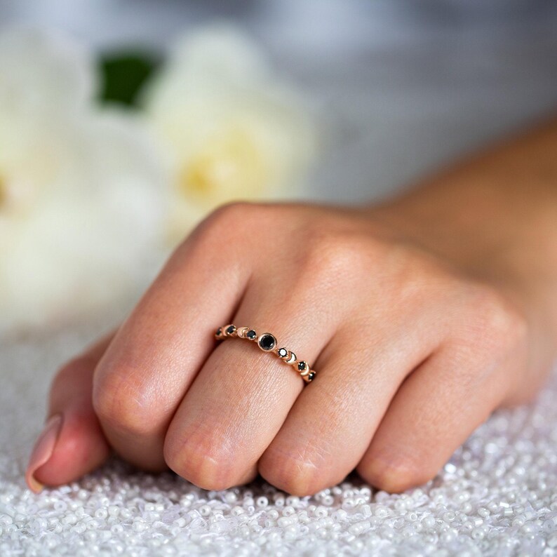 Black Diamond Ring, Black Wedding Ring, Alternative Wedding Band, Celestial Engagement Ring, Gold Moon Ring, 14K Crescent Moon, 18K image 3