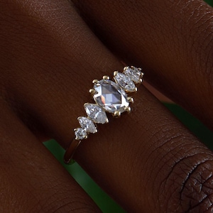 Anillo de compromiso con diamante talla rosa, anillo de moissanita único, anillo de boda alternativo, anillo de diamante talla marquesa, anillo art déco, anillo ovalado