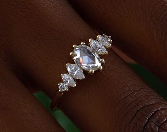 Rose Cut Diamond Engagement Ring, , Unique Moissanite Ring, Alternative Wedding Ring, Marquise Diamond Ring, Art Deco Ring, Oval Ring