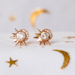 14K Diamond Earrings, Moissanite Gold Earrings, Wedding Diamond Earrings, Moon Studs, Celestial Wedding, Unique Diamond Earrings image 7