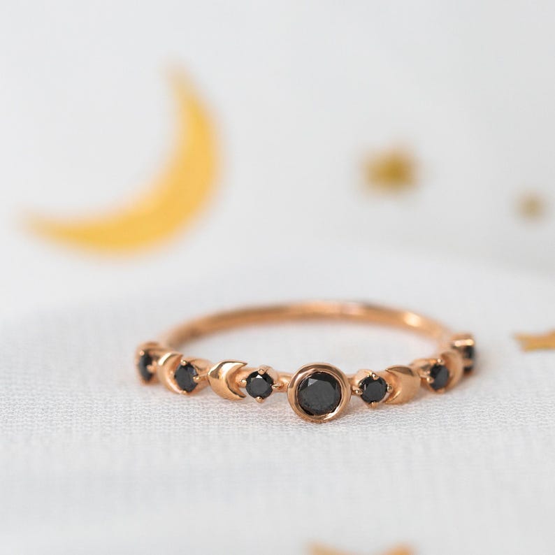Black Diamond Ring, Black Wedding Ring, Alternative Wedding Band, Celestial Engagement Ring, Gold Moon Ring, 14K Crescent Moon, 18K image 2