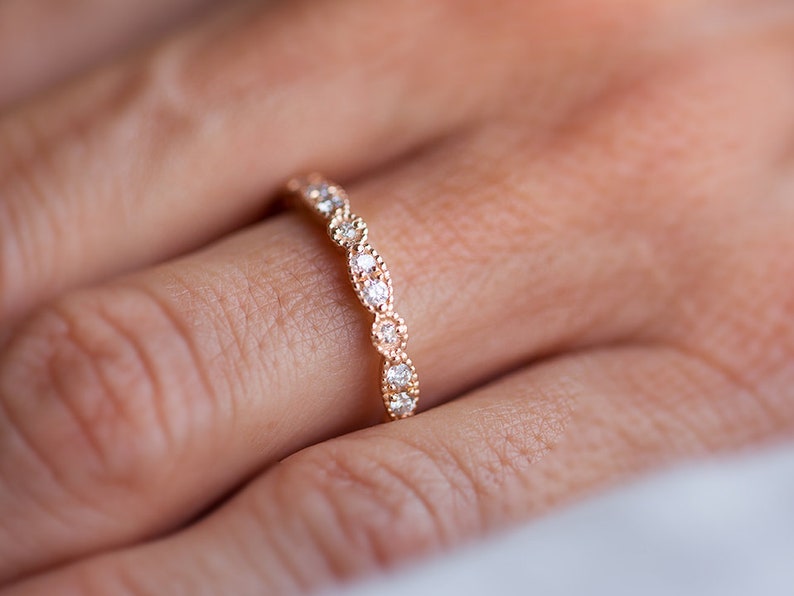 Art Deco Wedding Band Rose Gold, Dainty Diamond Ring, Delicate Diamond Ring, Vintage Inspired Wedding, 14K, 18K, Yellow Gold, White Gold image 1