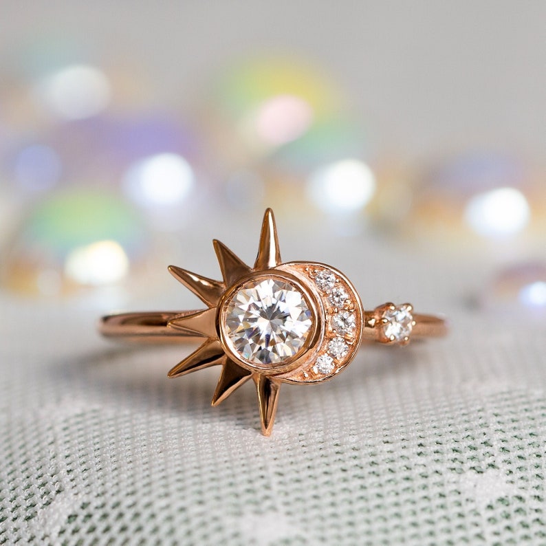 Unique Moissanite Engagement Ring, Boho Wedding Ring, Rose Gold Diamond Bridal Ring, Celestial Wedding, Alternative Star Ring, Crescent Moon image 1
