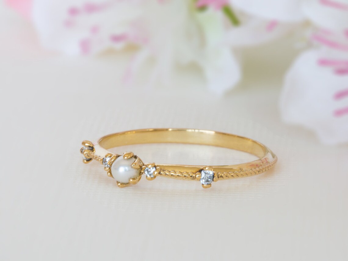 Boho Wedding Ring Boho Wedding Band Pearl Wedding Band 14K Etsy
