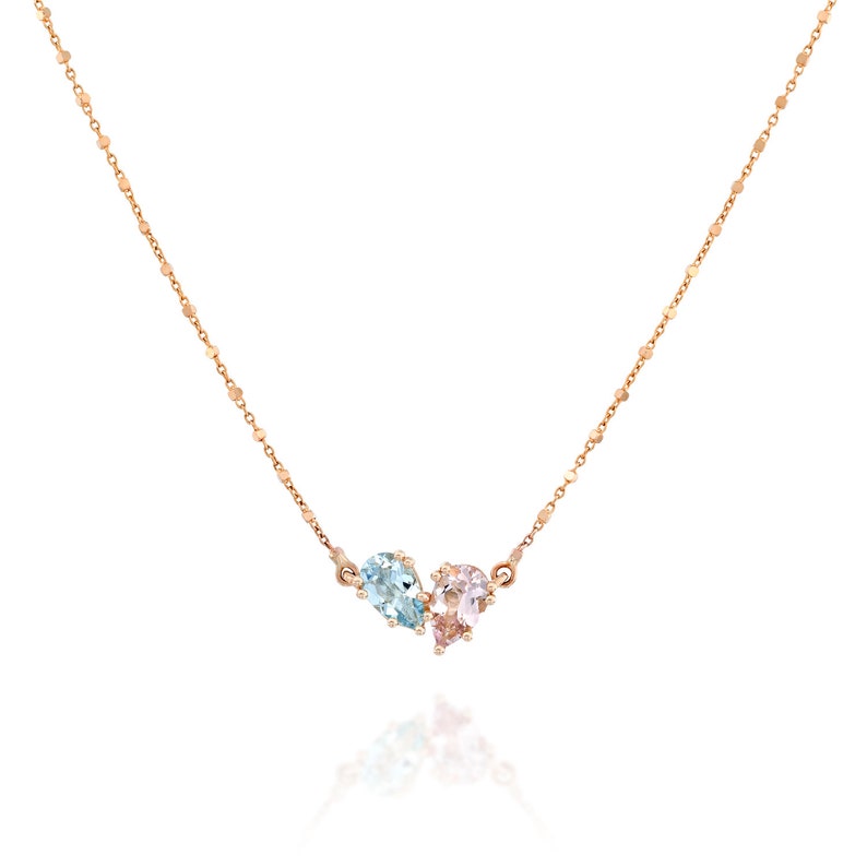 Solid Gold Gemstone Necklace, 14K Gemstone Pendant, Two Stone Necklace, Toi Et Moi Necklace, Morganite and Aquamarine Necklace image 9