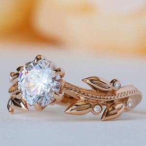 Flower Diamond Ring, Leaves Diamond Ring, Leaf Diamond Ring, Floral Moissanite Ring, 14K, 18K, Antique Engagement Ring, Vine Bridal Ring