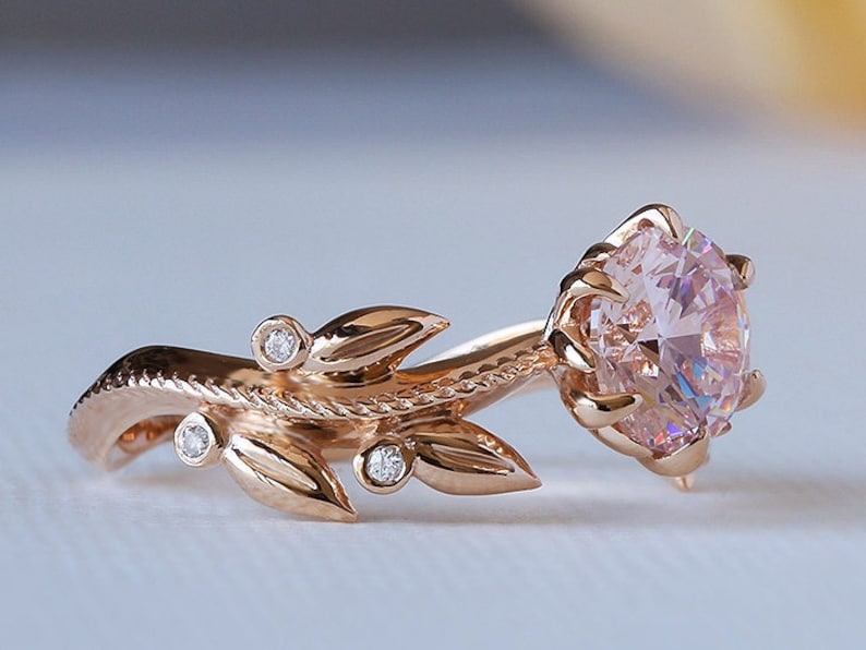 Pink Engagement Ring, Rose Gold Morganite Ring, Edwardian Engagement Ring, Diamond Leaf Ring, 14K Morganite Ring, Nature Inspired 18K Ring image 1